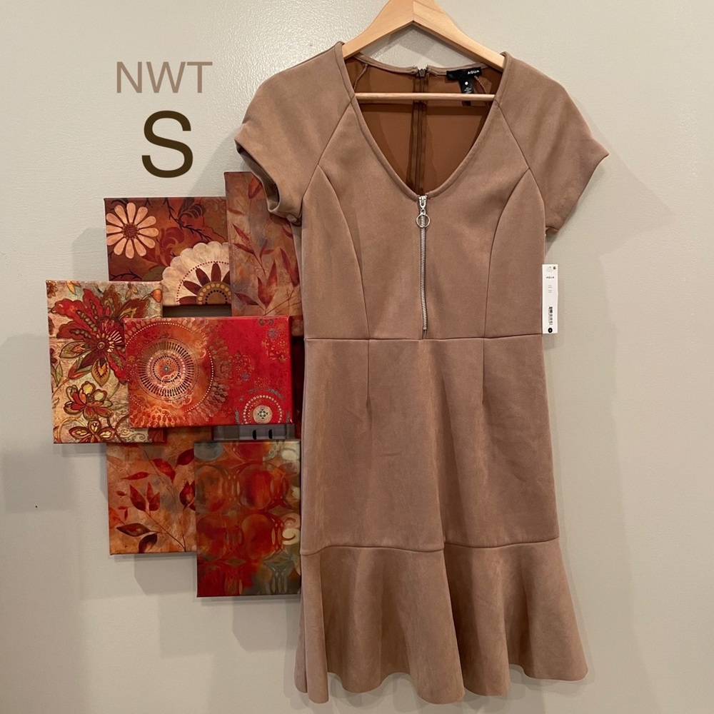 NWT suede vegan faux suede tan brown taupe front zip mini dress ruffle cognac